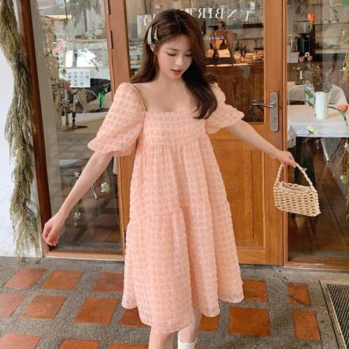 6681# Maternity Clothes Summer Plaid Square Collar Chiffon Short Sleeves Loose Stylish Dress Pregnant Women Mom Dress
