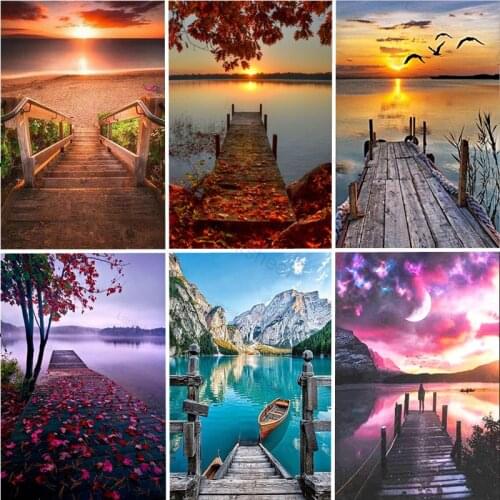 5D DIY Diamond Paintings Bridge Seaside Landscape Natural Scenery Resin Mosaic Square Round Embroidery Picture Wall Art