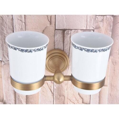Antique Brass Double Toothbrush Holder With Ceramic Cup Wall Mounted Bathroom Accessories aba738