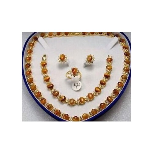 Free Shipping >> Yellow Gold fine gem Inlay African Tigers Eye Necklace Bracelet Earring Ring Set