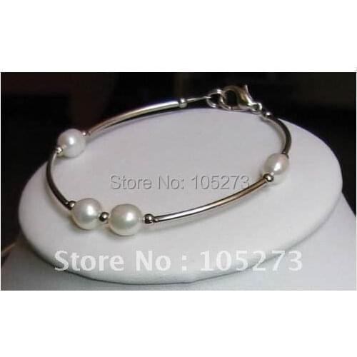 Pearl Jewelry White Genuine Freshwater Pearl Bracelet Tible Silvers Oval Classic Cultured Gift AA 4-8MM 7.5inch Free Shipping