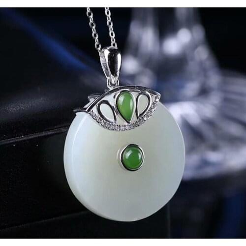 Pure natural Xinjiang Hotan White Jade safety buckle pendant 925 sterling silver mosaic tag free shipping