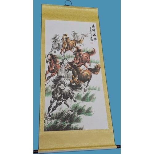 Southeast Asia Home office company WALL TOP Decorative art Auspicious GOOD Luck Success 8 Horses FENG SHUI ART silk painting