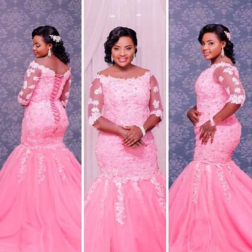 Hot Pink Tulle Lace wedding Dresses With Half Sleeves Appliques 2021 Boat Neck African Women Puffy Mermaid wedding Gown