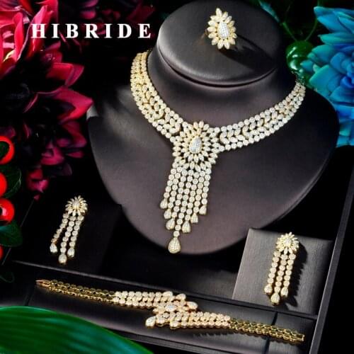 HIBRIDE Big Long Pendant Gold Color Women Bridal Jewelry Set Dress Necklace Earring Jewelry Set For Party Gits N-886