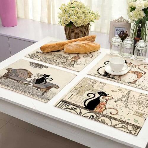 Bkack Cat Pattern Cotton Linen Pad Dining Table Mats Coaster Bowl Cup Mat Pattern Kitchen Placemat 42*32cm Home Decor MA0125