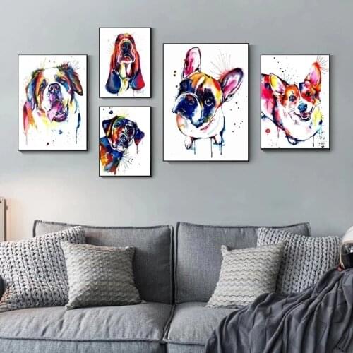 Colorful Animal Dog Canvas Painting French Bulldog Labrador St Bernard Poster Abstract Wall Art Canvas Prints Pictures Decor Art