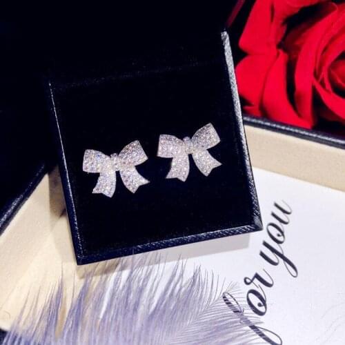 Cute Silver Color Bowknot Stud Earrings with Bling Zircon Stone Fashion Jewelry Korean Earrings 2020