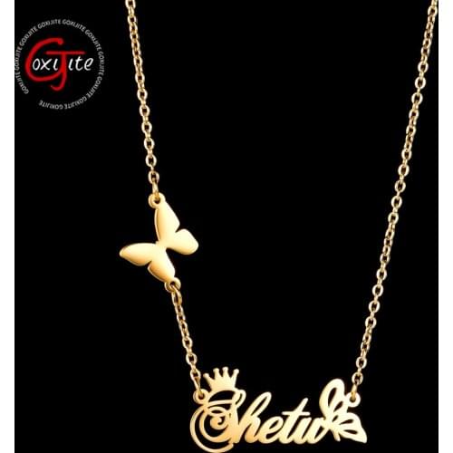 Goxijite Trendy Stainless Steel Name Necklace For Women Custom Butterfly Crown Names Necklacs Personalized Jewelry