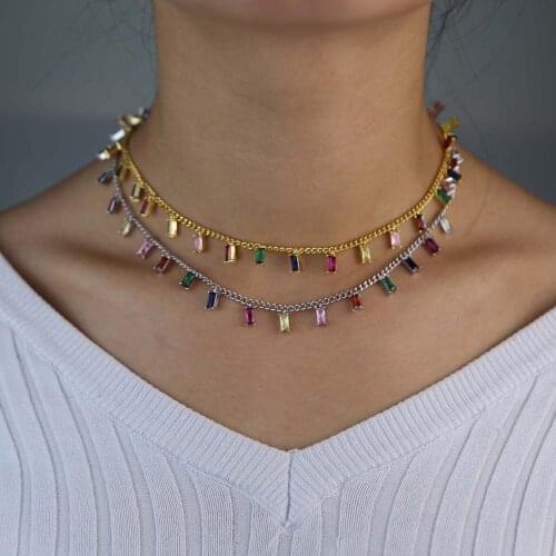 Fashion Gold Necklace for Women Charming Colorful Stone Chain Chokers Handmade baguette rainbow cz Party Jewelry Wholesale