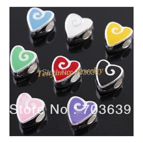 Fashion Heart Shape Enamel Alloy Charm Beads Big Hole Beads Fit European Bracelet 50pcs