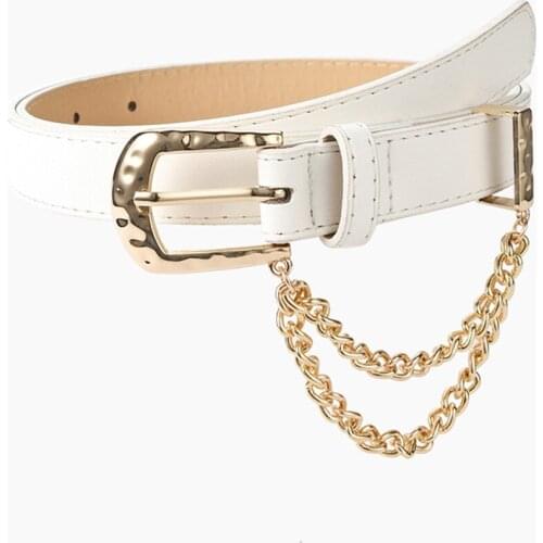 Fashion Punk Leather Belt For Women With Chain Metal Pin Buckles Jeans Dress Decoration Waistband Harajuku QZ0301