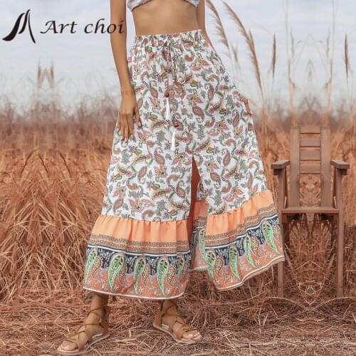 Summer Spring Midiskirt Women Long Ruffles Skirts High Waist Print Ethnic style Elegant Bandage Slit Female A-line Outfit