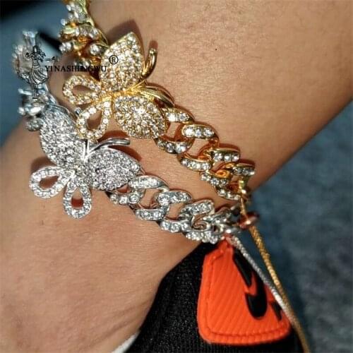 Ice out Miami Trend Cuban Chain Butterfly Pendant Anklet Hip Hop Rock Luxury Glittering Wide Cool Women Mens Jewelry As Gifts