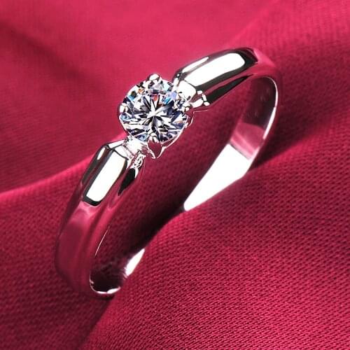 Real 925 Sterling Silver Engagement Ring Crystal Solitaire Wedding Rings For Women Luxury Jewelry Female Small Round Stone Ring