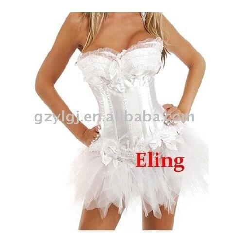 Wholesale Ladies Sexy Lingerie Satin Lace Up Basque Corset Separate Tutu White S-XXL bl1459