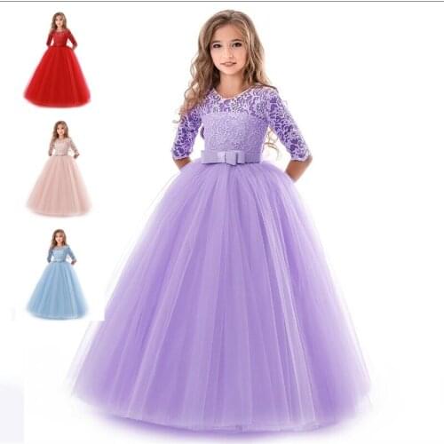 Teenage Dress For Girls Solid Long Sleeve Princess Elegant Costume Flower Girls Wedding Party Girls Clothes Birthday Vestidos