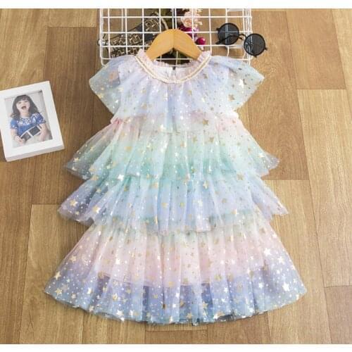 New 2021 Summer Baby Girls Sparkle Star Cake Dress , Girls Princess Sweet Clothes 5 Pieces/lot