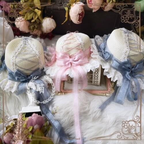 Silver gray Angel Street star picking Gorgeous Lace Bow Long Ribbon Lolita Straw Hat Japanese Princess Lolita Beach Cap Summer