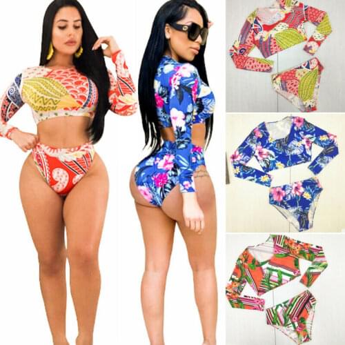 US 2019 Sexy Women Swimwear Long Sleeve Push-Up Bikini Bathing Outfit Swimsuit