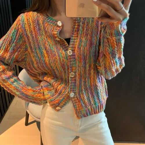 Vintage Rainbow Color Contrast Sweater Cardigans Womens Autumn Winter Lazy Wind O Neck Long Sleve Button Short Sweaters Outwear