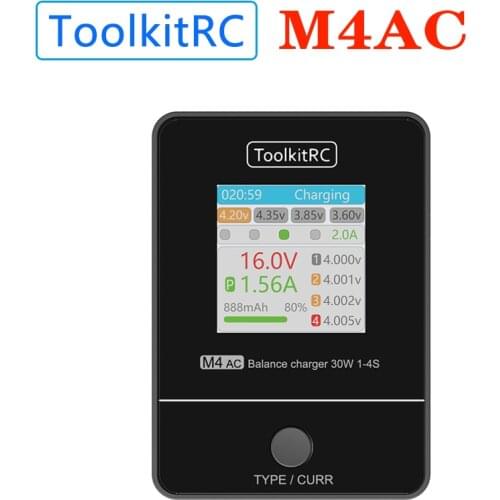 ToolkitRC M4AC 30W LiPO LiFE LiHV Compact AC Charger 1-4S XT30/ XT60 Interface for RC Model FPV Racing Freestyle Drone Batteries