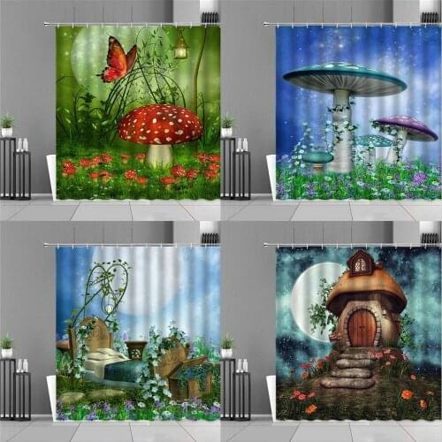 Fairy Forest Landscape Shower Curtains Green Plants Flowers Deer Dream Cartoon Scenery Child Room Decor Bath Curtain Waterproof