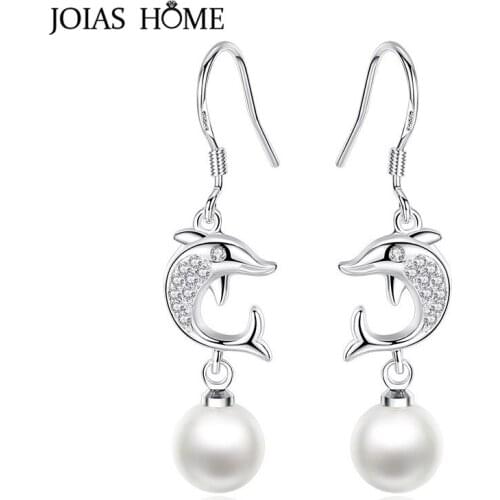 JoiasHome Pearl Earrings for Women Silver 925 Jewelry Gemstones Long Ear drops Lovely Dolphin Trendy Female Dating Accessory