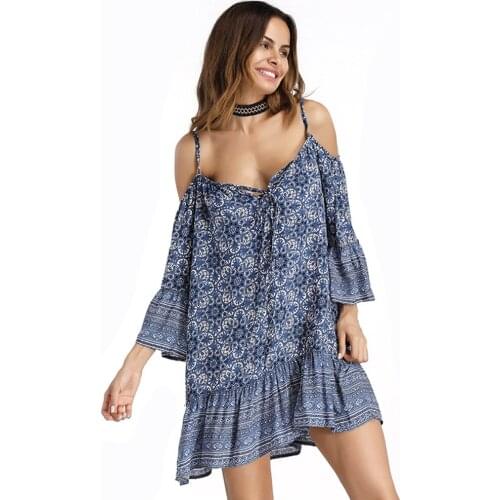 2019 New Summer Dress Casual Fashion Trendy Temperament Print Large Size Loose Sling Long Sleeve V Neck Women Dress ZW182