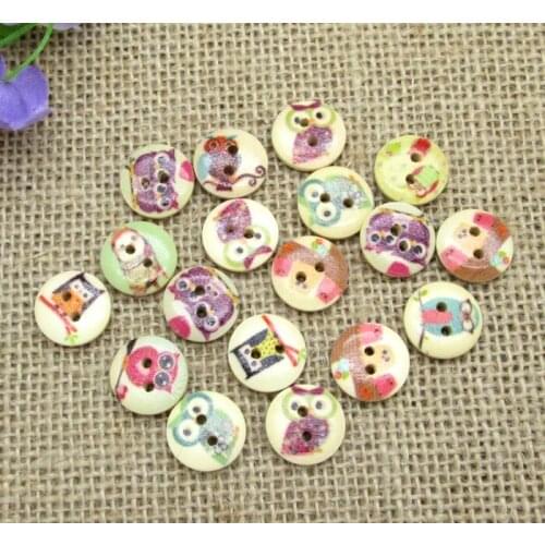 100 15mm Mixed Natural Round Different Owl series Pattern Wooden Buttons For Clothes Crafts Sewing Scrapbooking DIY Accessories