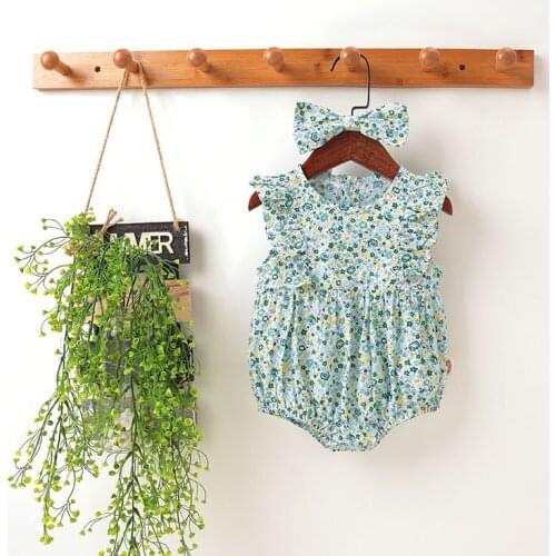 2021 Baby Summer Clothes For Girls Newborn Flower Bodysuits 2pcs Flying Sleeve Clothing For Kids Spring Green Baby Twin Infants