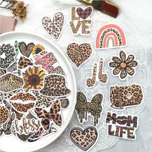 50Pcs Leopard Print Heart Letters Sticker DIY Junk Journal Craft Diary Happy Planner Creative Scrapbooking Decorative Stickers