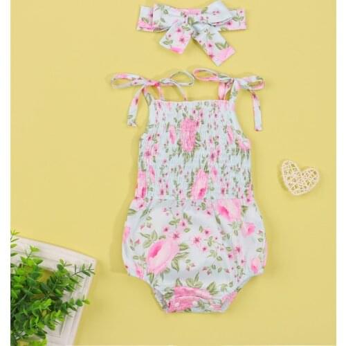 Sweet Style Baby Girls Outfit Toddlers Summer Creative Floral Printing Sleeveless Suspender Romper + Bow Headwear 2 Piece Set