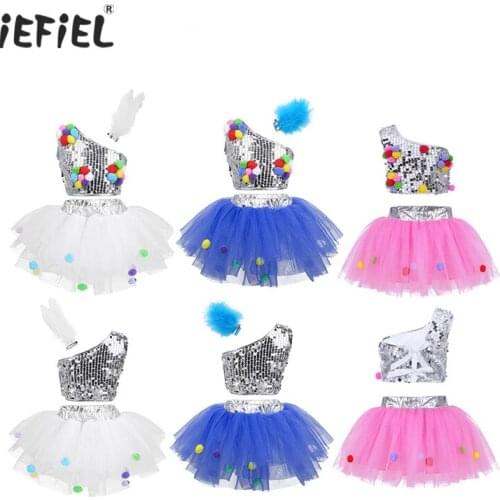 Kids Girls One-Shoulder Dance Costume Outfits Sequins Jazz Ballet Ballroom Dance Wear Crop Top with Mesh Tutu Skirt Hair Clip