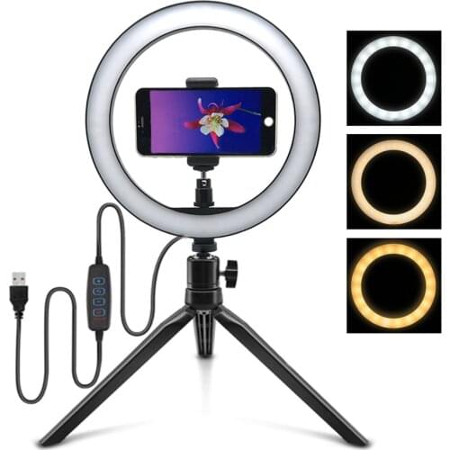 Photography Video Light USB Ring Lamp 10inch Dimmable LED Selfie Ring Light with Phone Holder Table Tripods for Tik tok Makeup