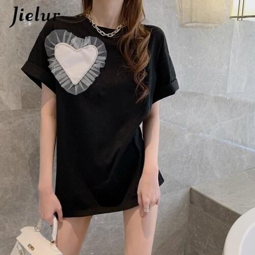 Jielur Fashion Patchwork T-shirt Women Mesh Love Harajuku BF Chic T-shirts O-neck Lady Leisure Summer Female Clothes Tops Tees