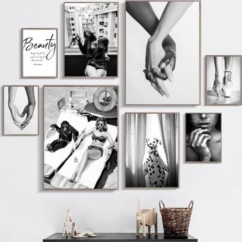 Nordic Black White Dalmatian Holding Hands Beach Girl Monky Moderm Canvas Wall Art Love Painting Picture Living Room Home Decor