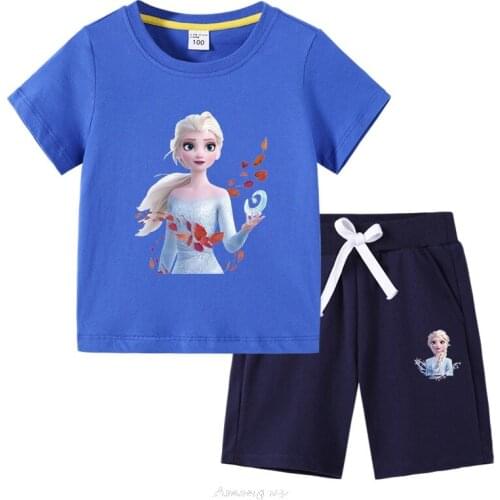 2021 Baby Girl Summer Suit Short-sleeved Childrens Clothes 2-15 Years Old Kids Frozen Prinetd Tops + Shorts Set Casual Outfits