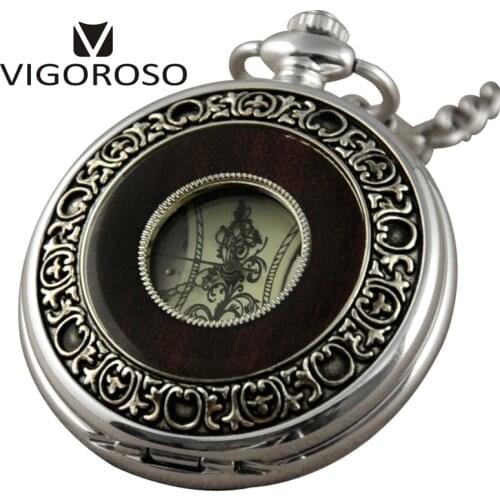 Silvery Vintage Wood Circle Alloy Steampunk Skeleton Hand Winding Mechanical Pocket Watch Roman Numerals FOB Chain Clock Pendant