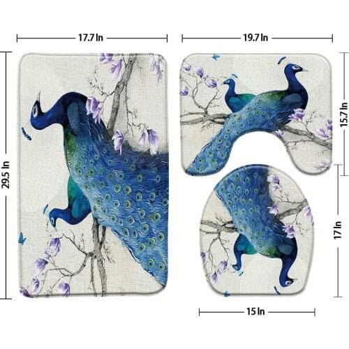 Colorful Peacocks Bath Mat 3-Piece Set Animal Bathroom Rugs Carpet Anti-Slip Mats Toilet Cover Bathtub Decor Bathroom Products