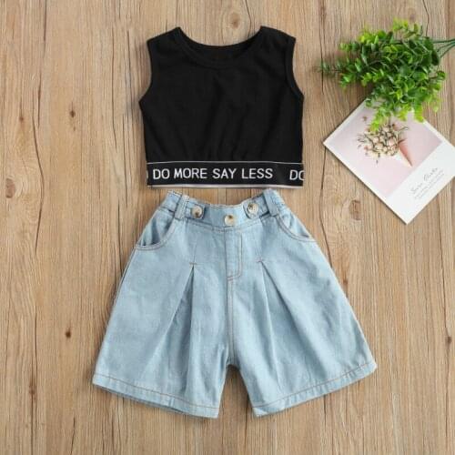 Girls Casual Two-piece Clothes Set, Black Round Collar Sleeveless Tops +High Waist Elastic Waist Shorts Summer
