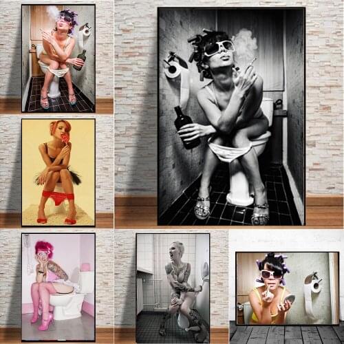 Sexy Lady Smoking Drink Canvas Paintings Posters And Prints Fashion Toilet Girl Wall Art Picture For Bathroom Bar Decor No Frame