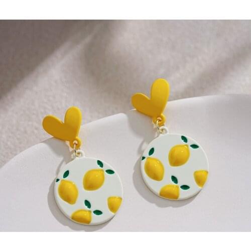 XIYANIKE Yellow Heart Lemon Acrylic Drop Earrings Round Alloy Ear Accessories 2021 For Women Girls Fashion Party Jewelry Gift