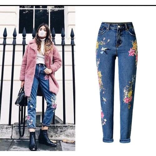 Sherhure Vintage Bird Embroidery Woman Waist High Quality Casual Denim Pants Jeans Femme