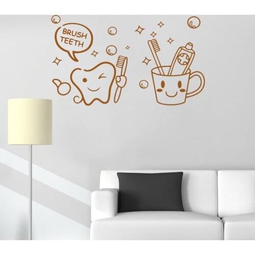 Cute Brush Teeth Wall Sticker Dental Care Tool Vinyl Decal Tooth Kids Room Art Mural Bathroom Waterproof Removable Poster LC288