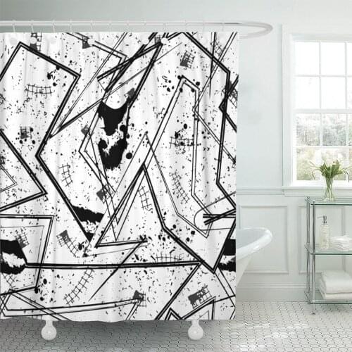 Geometric Pattern for Girls Boys Sport Urban Modern Curved Shower Curtain Waterproof Polyester Fabric 72 x 78 inches Set with Ho
