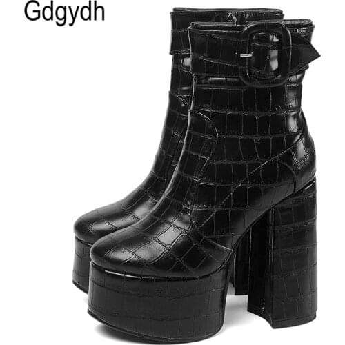 Gdgydh Patent Leather Ankle Boots Heels Platform Shoes Buckle Zipper Sexy Party Nightclub Shoes Woman High Heels Large Size 43