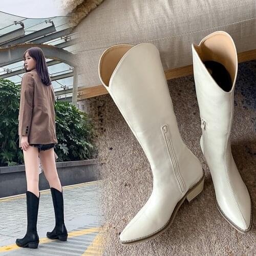 Women Knee High Boots Winter And Autumn Knee High Shoes Big Size Black Genuine Pu Women Zipper Pointed Toe Boots