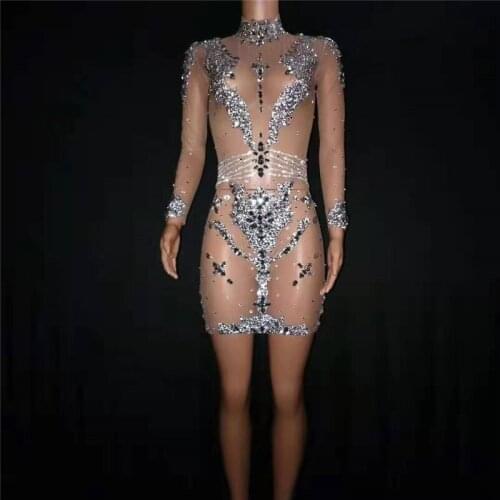 T27 Perspective mesh female sexy dress silver rhinestone evening dress crystals see-through skirt pole dance costume bar clothes