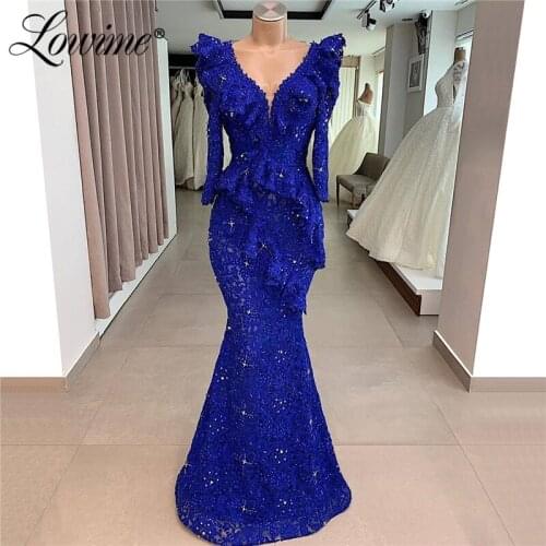 Lace Formal Evening Dresses V Neck Royal Blue Mermaid Party Gowns Custom Made Arabic Dubai Wedding Party Dress 2019 Abendkleider